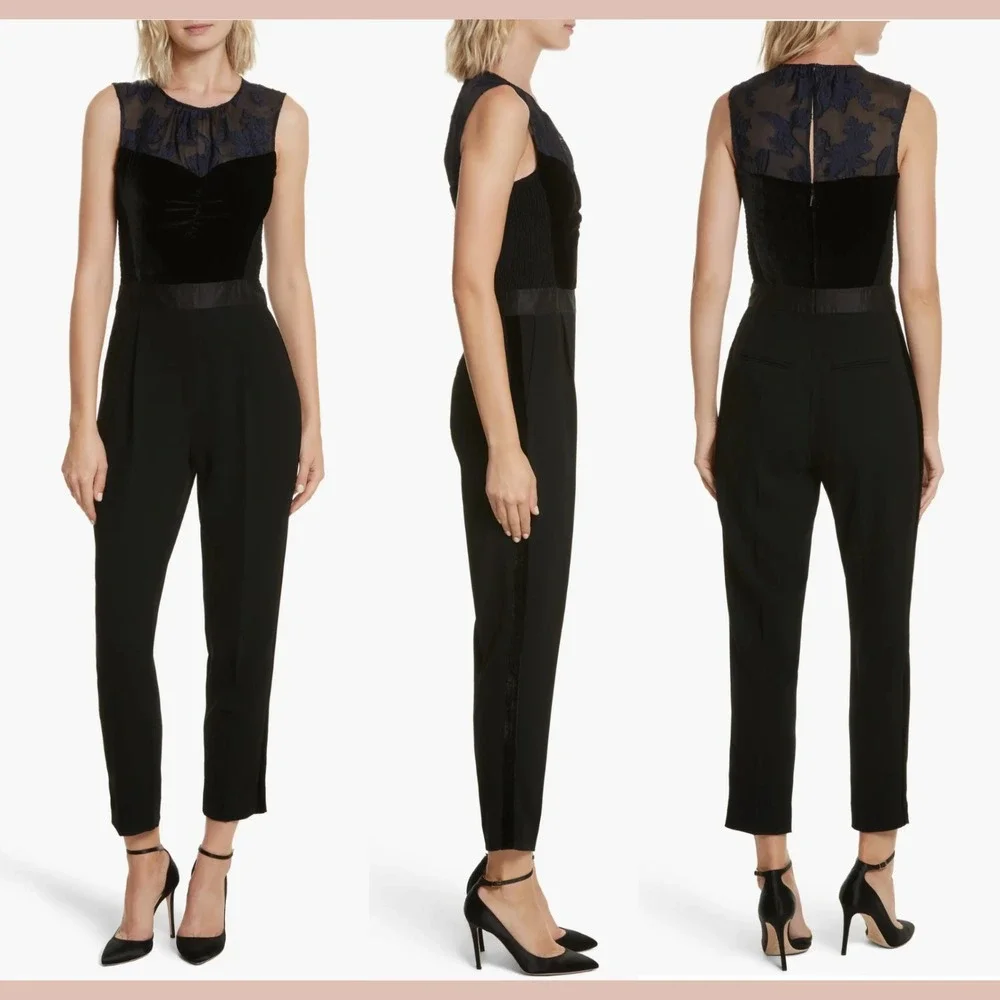 NWT$525 Rebecca Taylor [ 6 ] Velvet & Organza Floral Jumpsuit Violet Black Q1260